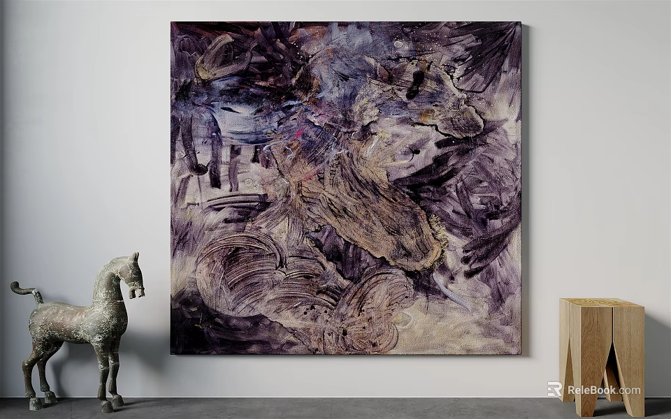Abstract Painting Purple Brown Beige Tones Dynamic Brushstrokes On Wall With Horse Sculpture Wooden Table 3d model 