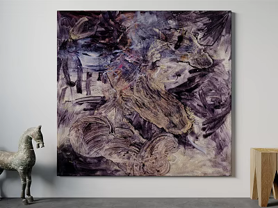 Abstract Painting Purple Brown Beige Tones Dynamic Brushstrokes On Wall With Horse Sculpture Wooden Table 3d model