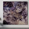 Abstract Painting Purple Brown Beige Tones Dynamic Brushstrokes On Wall With Horse Sculpture Wooden Table