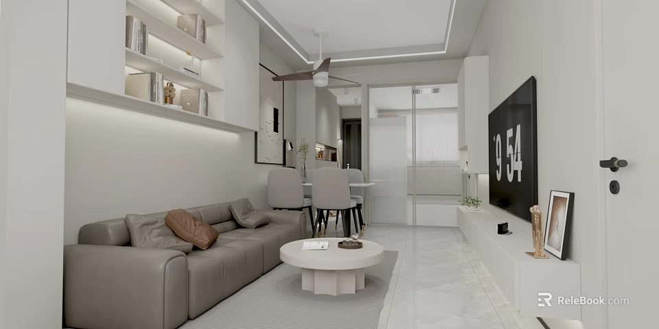 Modern Minimalist Living Dining Room Interior With Gray Sofa Round Coffee Table And TV Unit 3d model 