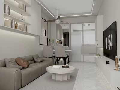 Modern Minimalist Living Dining Room Interior With Gray Sofa Round Coffee Table And TV Unit 3d model