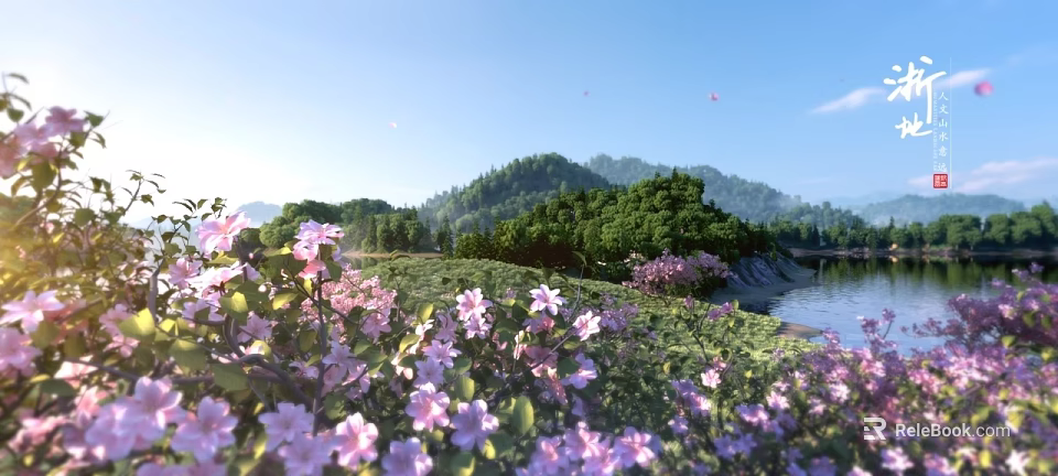 Scenic Landscape With Pink Flowers Meadow Green Mountains River Under Blue Sky And Falling Petals 3d model 