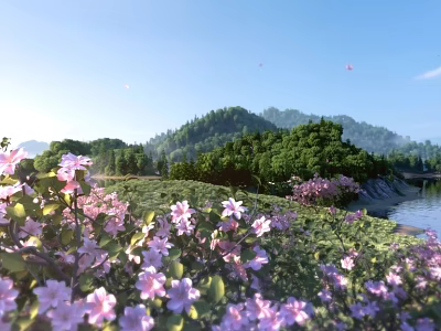 Scenic Landscape With Pink Flowers Meadow Green Mountains River Under Blue Sky And Falling Petals 3d model
