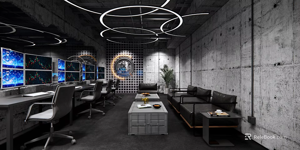 Industrial Modern Office with Gray Sofa Desk Computers Round Pendant Lights Green Plant Concrete Walls 3d model 