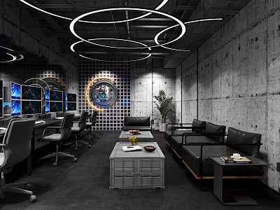 Industrial Modern Office with Gray Sofa Desk Computers Round Pendant Lights Green Plant Concrete Walls 3d model