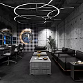 Industrial Modern Office with Gray Sofa Desk Computers Round Pendant Lights Green Plant Concrete Walls