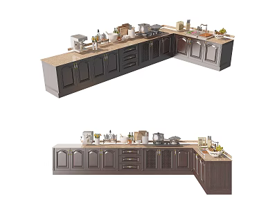 Modern Dark Wood L Shaped Kitchen Cabinets With Countertop Appliances And Fruits 3d model