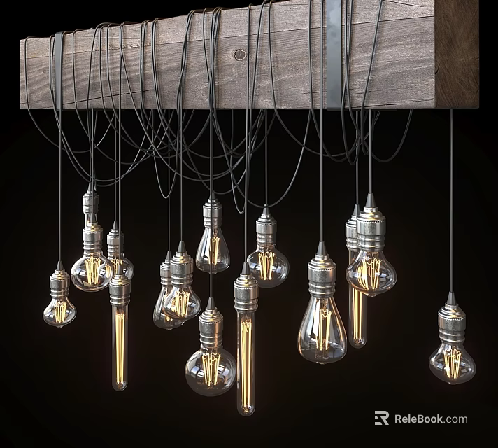 Vintage Industrial Pendant Lights With Edison Bulbs Hanging From Wooden Mount 3d model 