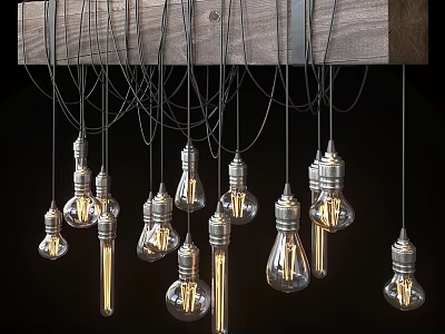 Vintage Industrial Pendant Lights With Edison Bulbs Hanging From Wooden Mount 3d model
