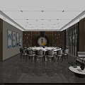 Luxury Private Dining Box With Large Round Table Wine Rack Decorative Paintings And Sofa 3d model