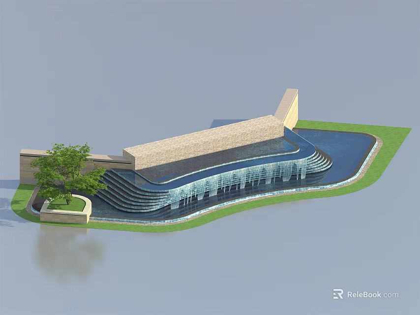 Modern Garden Ornament with Stepped Water Feature Small Tree and Stone Structure 3d model