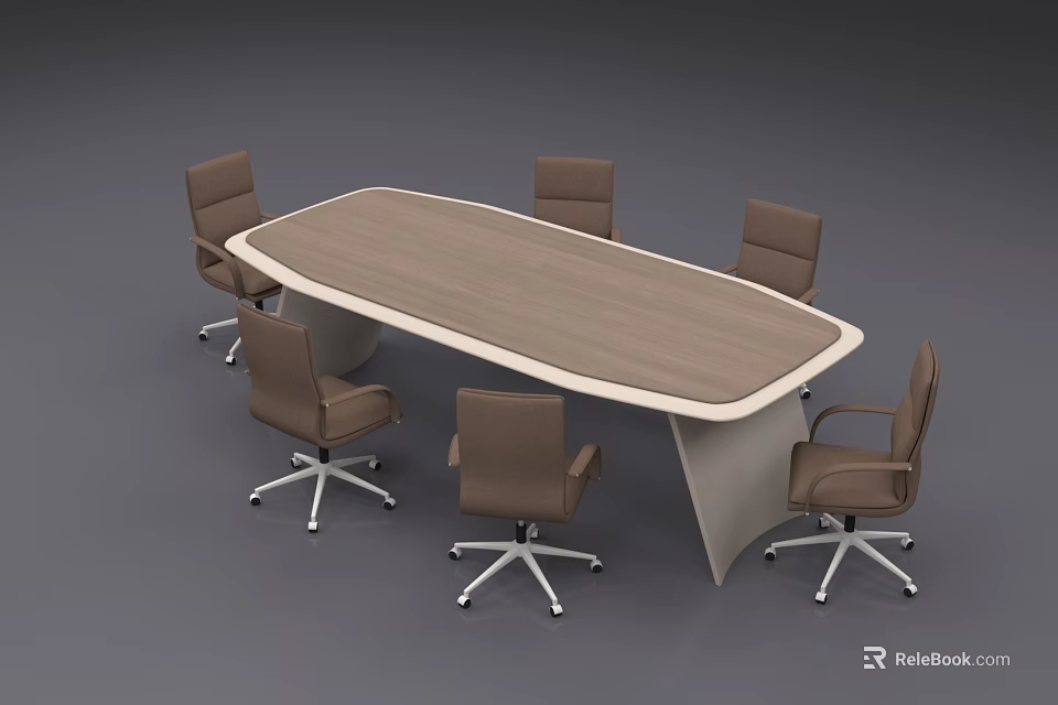 Modern Oval Conference Table With Wooden Top White Base And Six Brown Rolling Chairs 3d model 