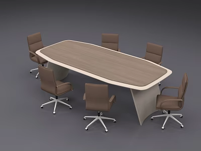 Modern Oval Conference Table With Wooden Top White Base And Six Brown Rolling Chairs 3d model