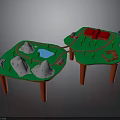 Children's Play Table With Green Surfaces Red Legs Train Track Hills Pool And Red Blocks