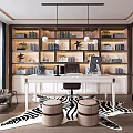 Modern Study Room Interior Design With Bookshelves White Desk Zebra Print Rug And Guitar