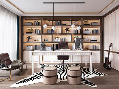 Modern Study Room Interior Design With Bookshelves White Desk Zebra Print Rug And Guitar 3d model