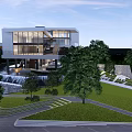 Modern Sales Office Building Featuring Glass Curtain Wall Stairs And Greenery Surroundings