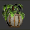 Lush Green Leaf Plant with Brown Straps and Orange Accents in Stone Pot