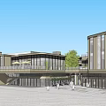 Modern Green Park Building With Glass Facade Plaza Pedestrians And Trees