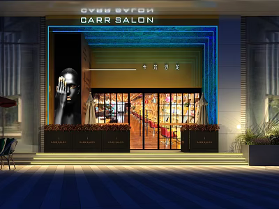 Modern Stylish Hair Beauty Salon Storefront Design With Creative Neon Light Decoration Ideas 3d model