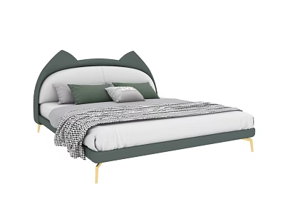Green Double Bed With Cat Ear Headboard Gold Legs And Plush Pillows Checkered Blanket 3d model