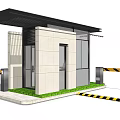 Modern Security Booth With Glass Structure And Yellow Black Warning Tape On Grass Area