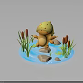 Cute Small Yellow Creature Wearing Mushroom Hat By Water Stones And Reeds