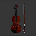 Musical Instrument Violin With Bow And Shiny Red Wooden Body On Dark Background