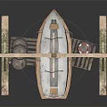 Vintage Wooden Boat Displayed Under Wooden Frame With Barrels And Pallets