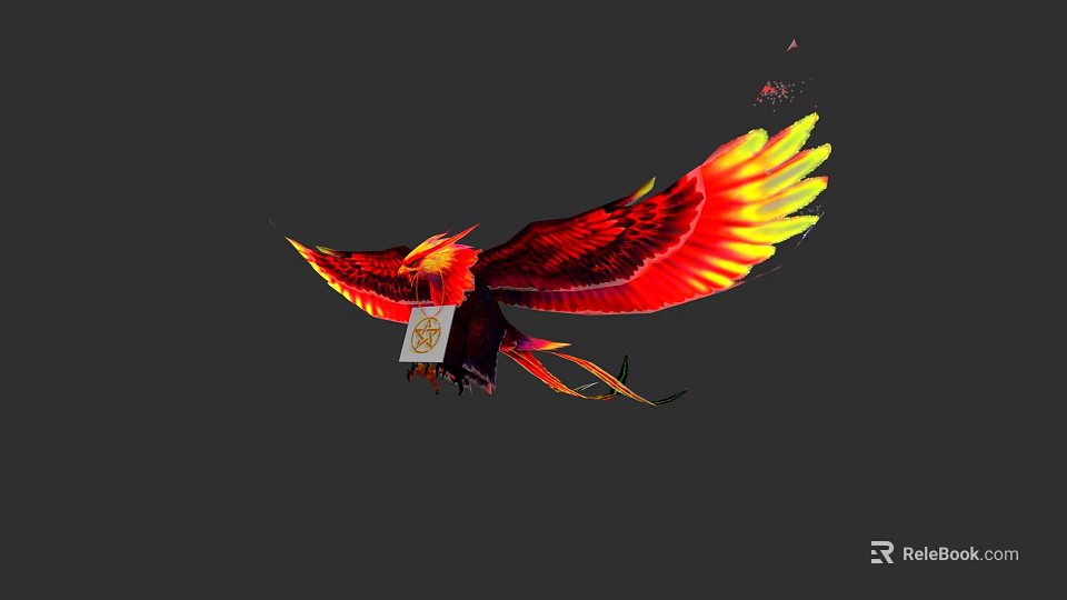 Red and Yellow Feathers Flying Bird Spreading Wings Carrying White Box with Golden Patterns 3d model 