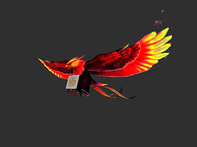 Red and Yellow Feathers Flying Bird Spreading Wings Carrying White Box with Golden Patterns 3d model
