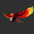 Red and Yellow Feathers Flying Bird Spreading Wings Carrying White Box with Golden Patterns