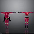Man in Red Superhero Costume with Black Cape Yellow Emblem and Knee Pads