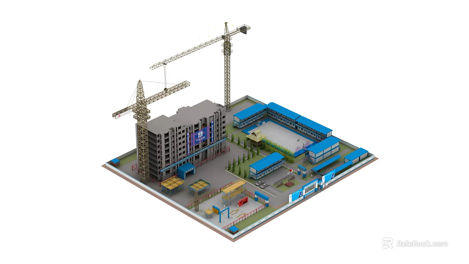 Temporary Road Facilities at Construction Site Featuring Safety Fencing and Vehicles 3d model 