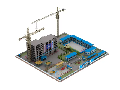 Temporary Road Facilities at Construction Site Featuring Safety Fencing and Vehicles 3d model