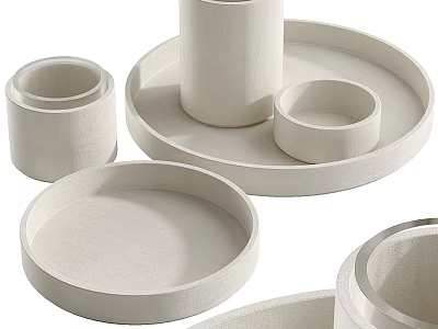 Minimalist White Cups And Round Trays Collection For Modern Living Space 3d model