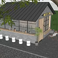 Outdoor Bar With Black Roof Large Windows White Stools And Pumpkin Decor