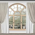 Elegant Gray Curtains Framing Arched Window With Lush Green Outdoor View
