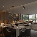 Modern Dining Living Room With Wooden Walls Chandelier Sofa Table And Floor to Ceiling Windows