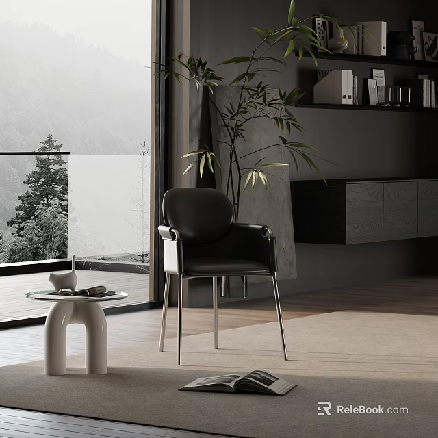 Modern Black Leather Leisure Chair With Metal Legs Floor To Ceiling Window Mountain View 3d model 