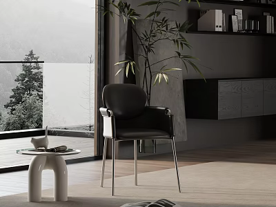 Modern Black Leather Leisure Chair With Metal Legs Floor To Ceiling Window Mountain View 3d model