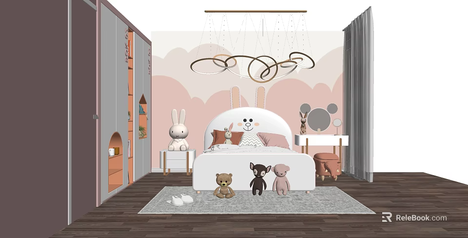 Children's Bedroom Double Bed With Bunny Ears Headboard Stuffed Animals Pink White Walls And Chandelier 3d model 