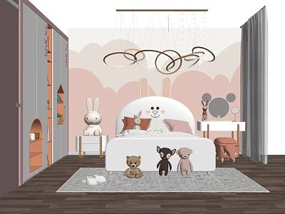 Children's Bedroom Double Bed With Bunny Ears Headboard Stuffed Animals Pink White Walls And Chandelier 3d model