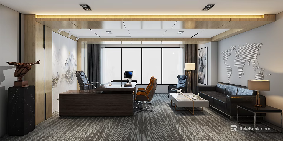 Modern Executive Office Interior Featuring Wooden Desk Computer Chairs Black Sofa And Large Windows 3d model 