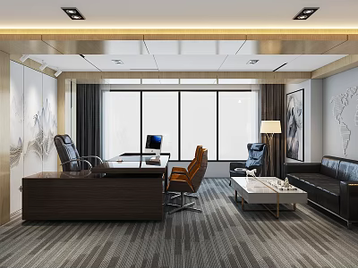 Modern Executive Office Interior Featuring Wooden Desk Computer Chairs Black Sofa And Large Windows 3d model