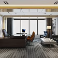 Modern Executive Office Interior Featuring Wooden Desk Computer Chairs Black Sofa And Large Windows