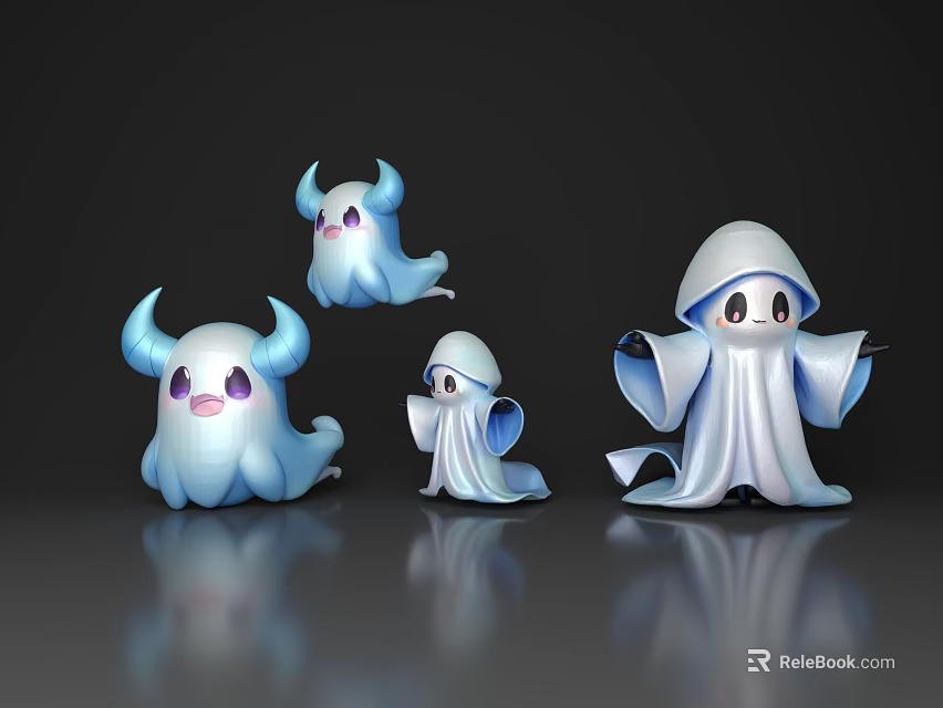 Cute Ghost Like Game Movie Characters With Blue White Design And Different Sizes 3d model 