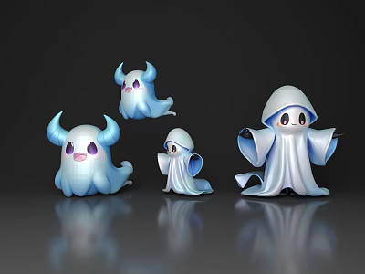 Cute Ghost Like Game Movie Characters With Blue White Design And Different Sizes 3d model