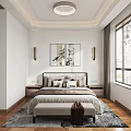 Modern Bedroom With Built In White Wardrobes Brass Handles Gray Brown Bedding And Wooden Flooring