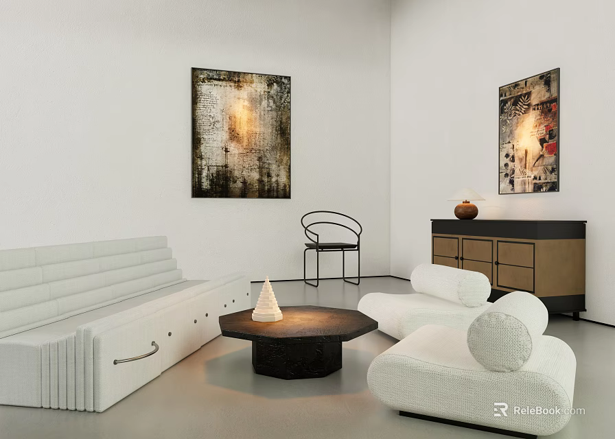 Modern Living Room White Sofa And Coffee Table Set With Artwork And Side Chair 3d model 